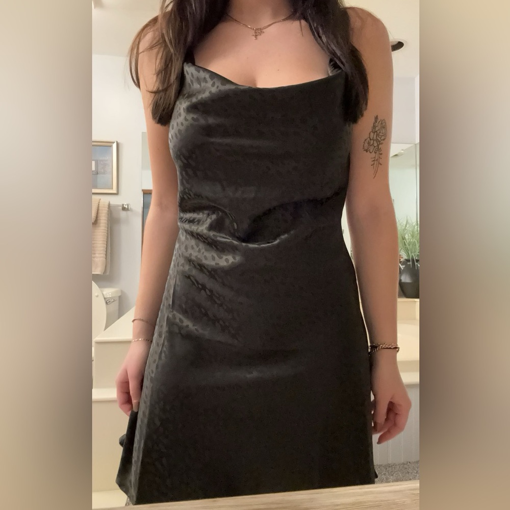 Black leopard print silk mini dress
